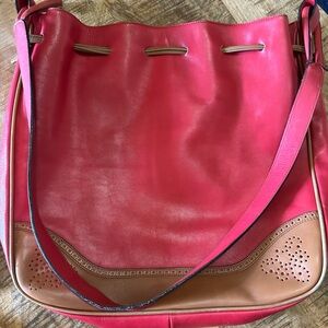 Vintage Salvatore Ferragamo Large Leather Red & Brown Shoulder Tote Bag 14”x13”